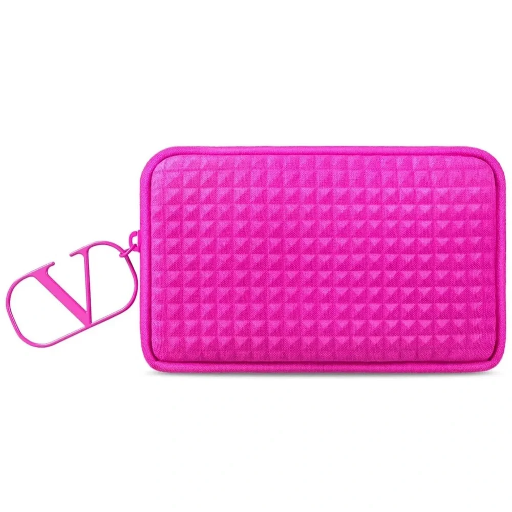 Valentino Beauty Pouch Hot Pink travel Bag makeup Clutch studded texture.